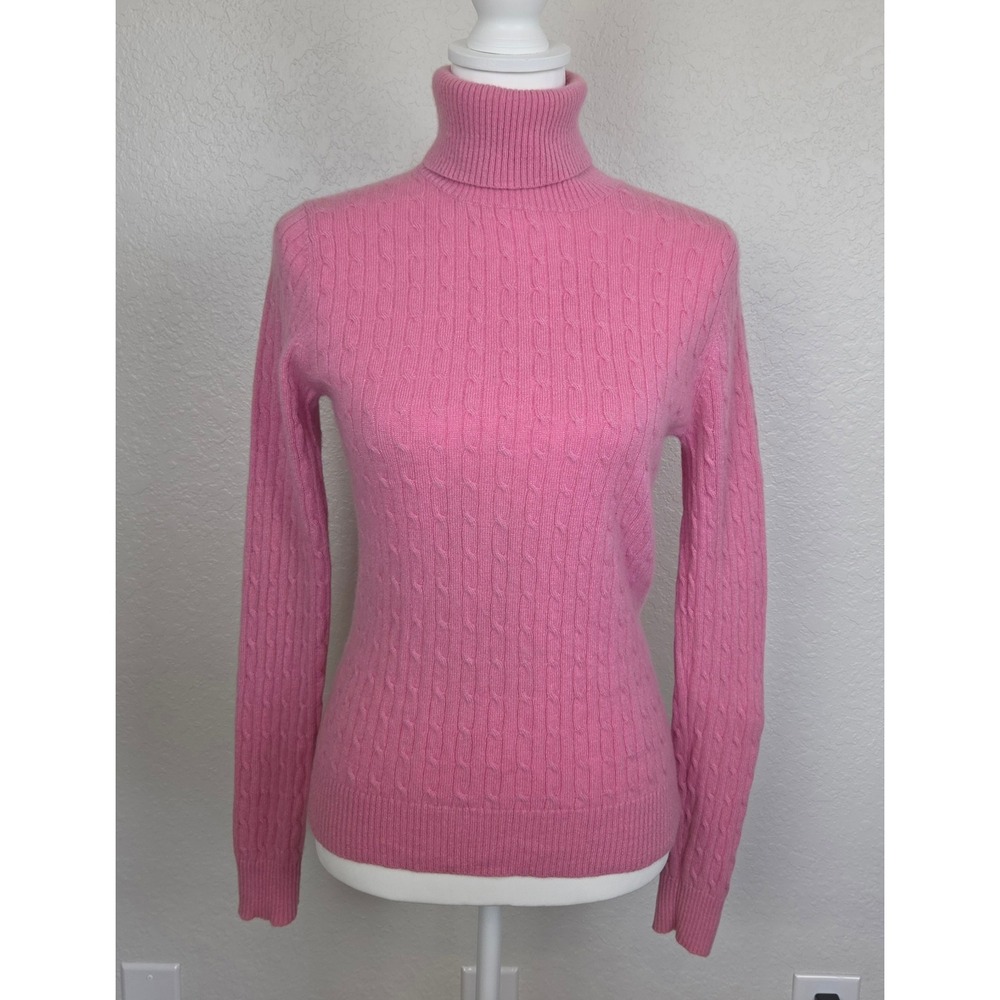 Tweeds Women's 100% Cashmere Pastel Pink Turtleneck Cable Knit Sweater